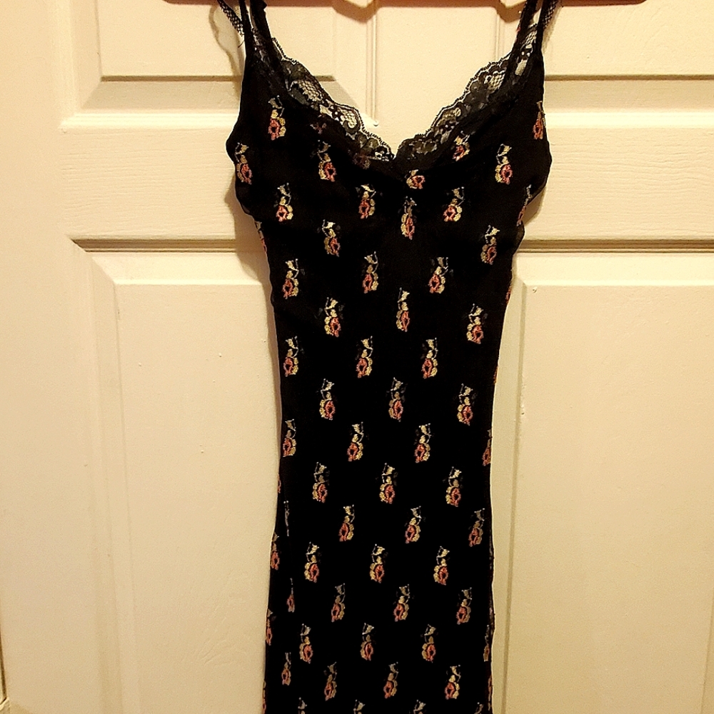 Vintage 90s Betsey Johnson NY Black Pink Green Gold Floral Slip Dress Sz 8